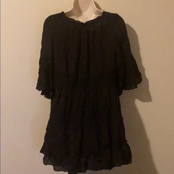 Black lace tiered peasant boho ruffle top medium - Picture 2 of 8